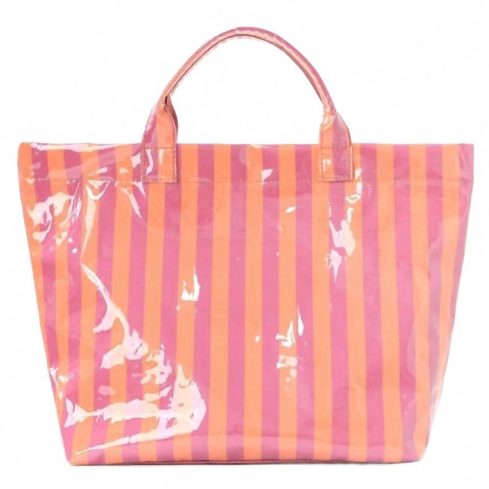 NEW JOSSLYN BY WALL TO WALL women's striped vinyl tote bag in fuchsia orange
